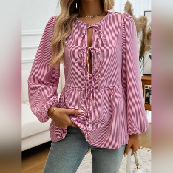 Devine Tied Striped Long Sleeve Blouse - Picture 7 of 7